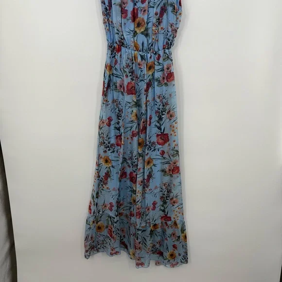 Le Ragazze Tiered Floral Airy Silk Sleeveless Midi Maxi Dress Floral Blue L - Picture 7 of 10